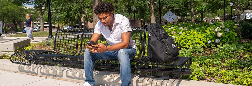 Student sitting on a bench looking at his phone.