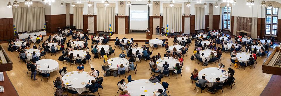 Overhead view of mentorship event in Michigan Ballroom