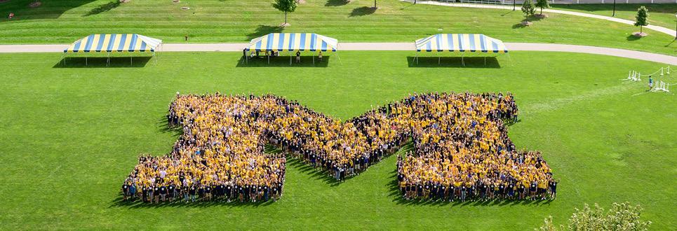 Ariel view of students forming an M